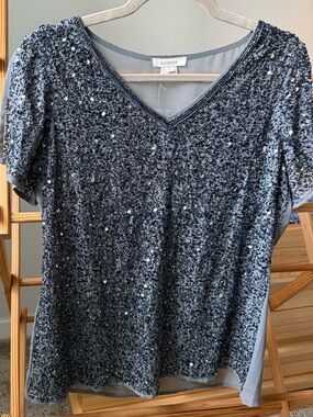 Sundance Dark Charcoal Sequin Beaded V-Neck Short Sleeve Top